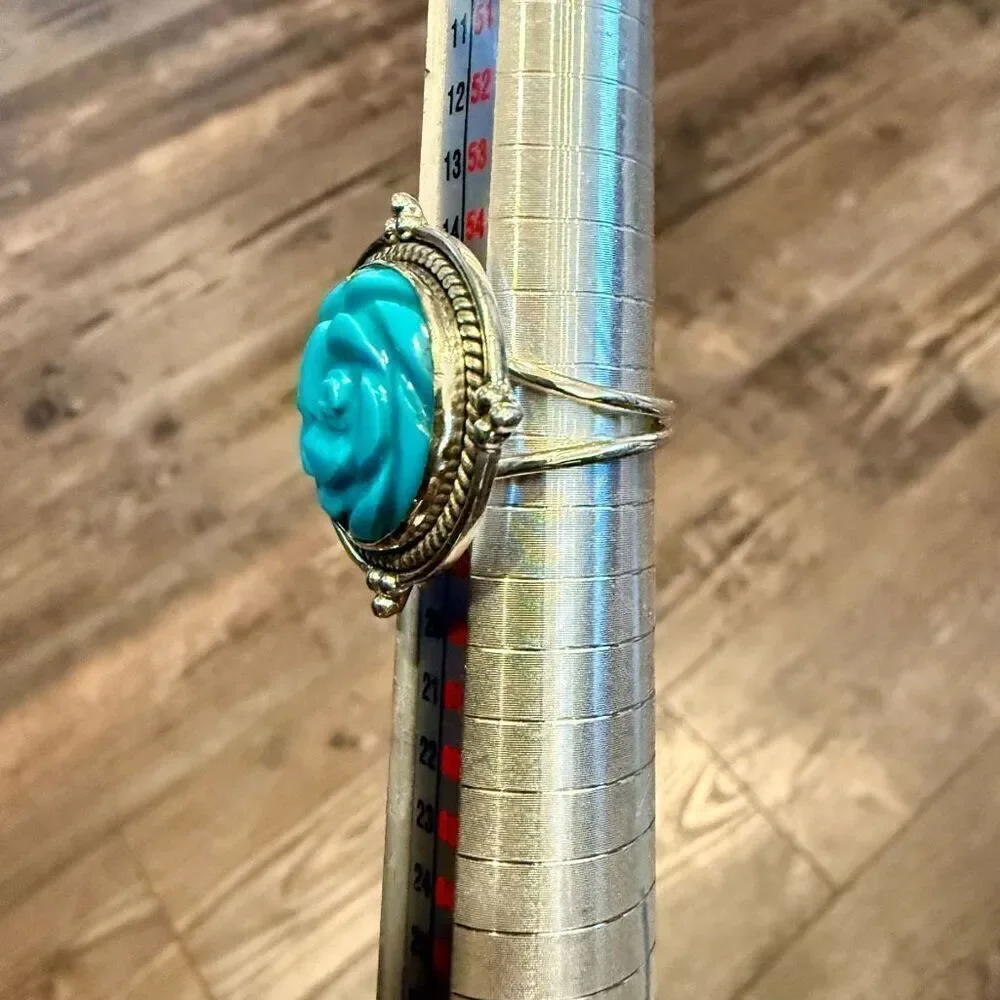 Turquoise Carved Rose Flower Round Framed  Statement Ring Sterling Silver New